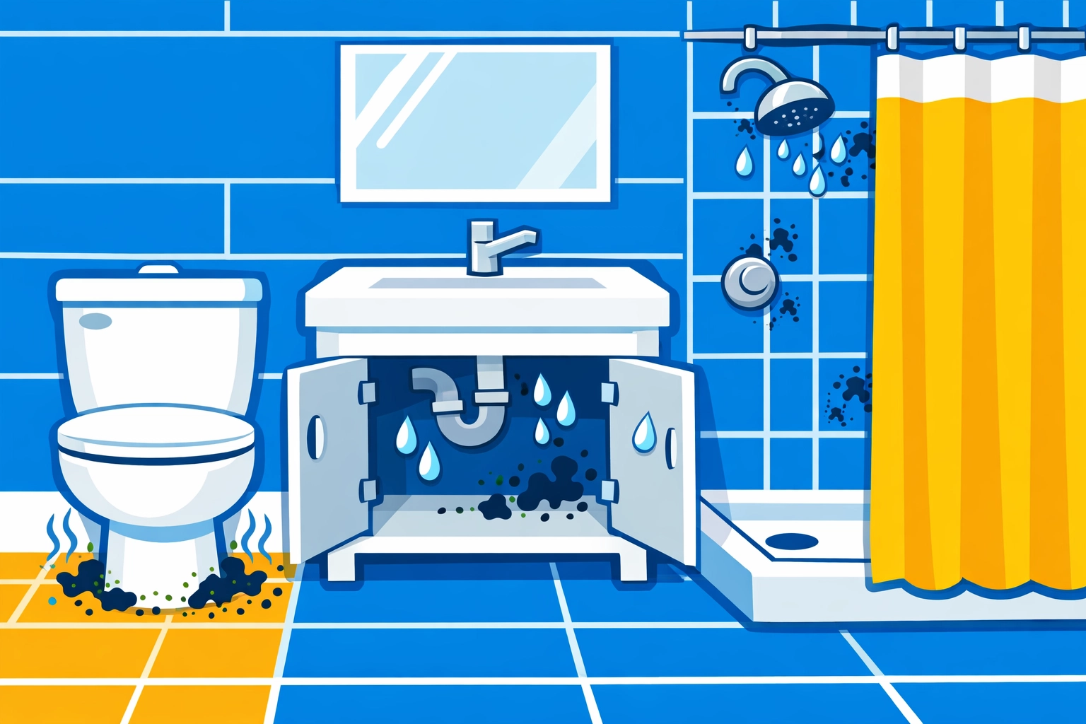 Bathroom mold inspection areas including toilet, sink cabinet, shower grout, and moisture spots