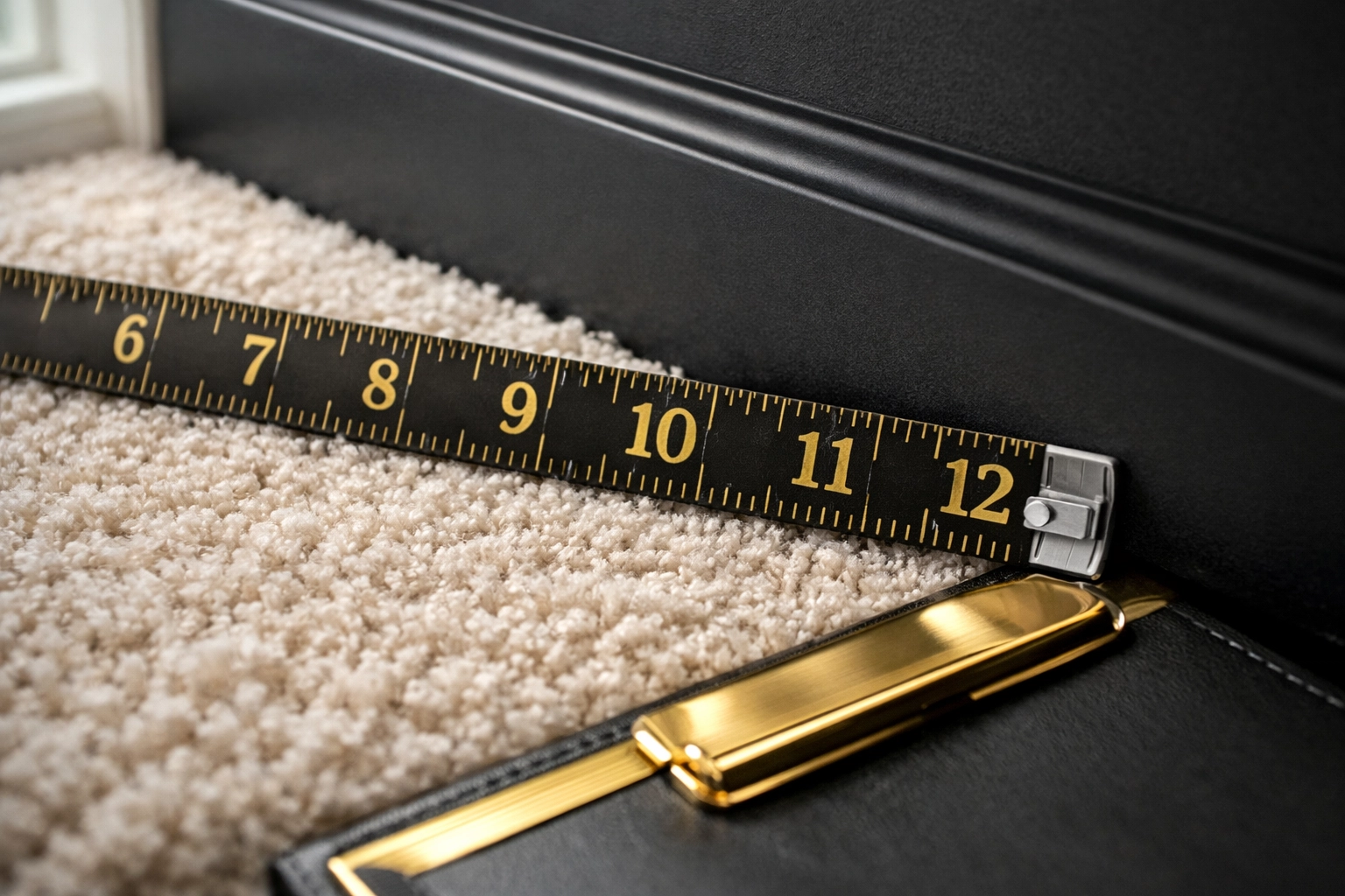 Professional measuring tape documenting carpet condition for property inventory report