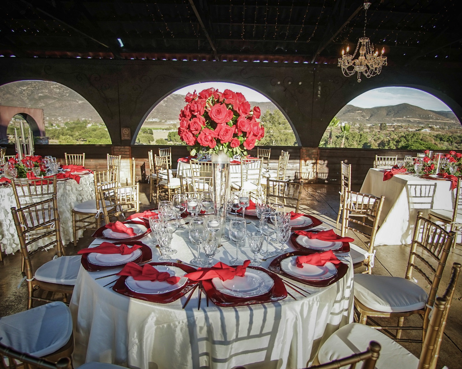 Elegant event setup in a covered terrace