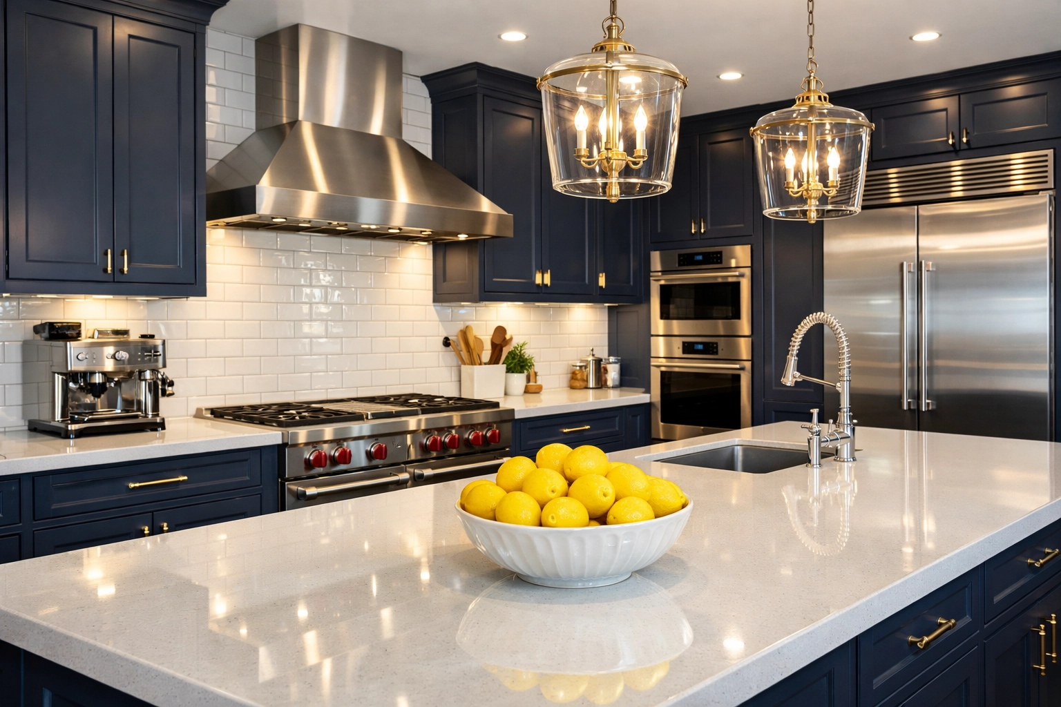 Spotless luxury kitchen with navy cabinets and white quartz countertops after a professional cleaning service.