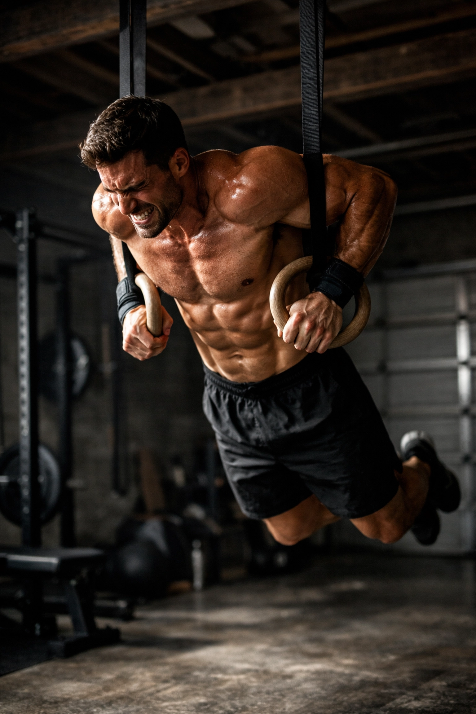 Athlete performing muscle-up on gymnastics rings demonstrating ninja warrior strength training