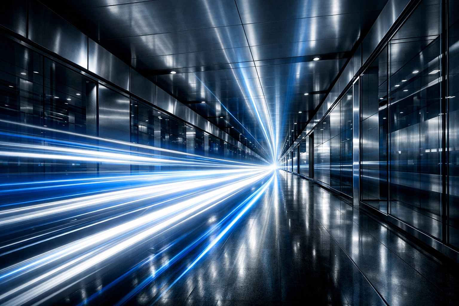 Light trails in a modern corridor symbolizing fast business growth through accounts receivable financing.