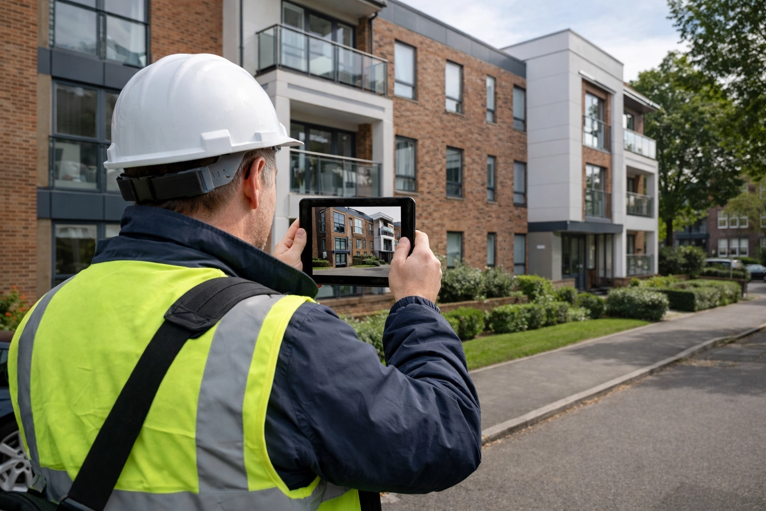 On-site photo of a surveyor photographing the exterior condition of a South East London property for valuation evidence