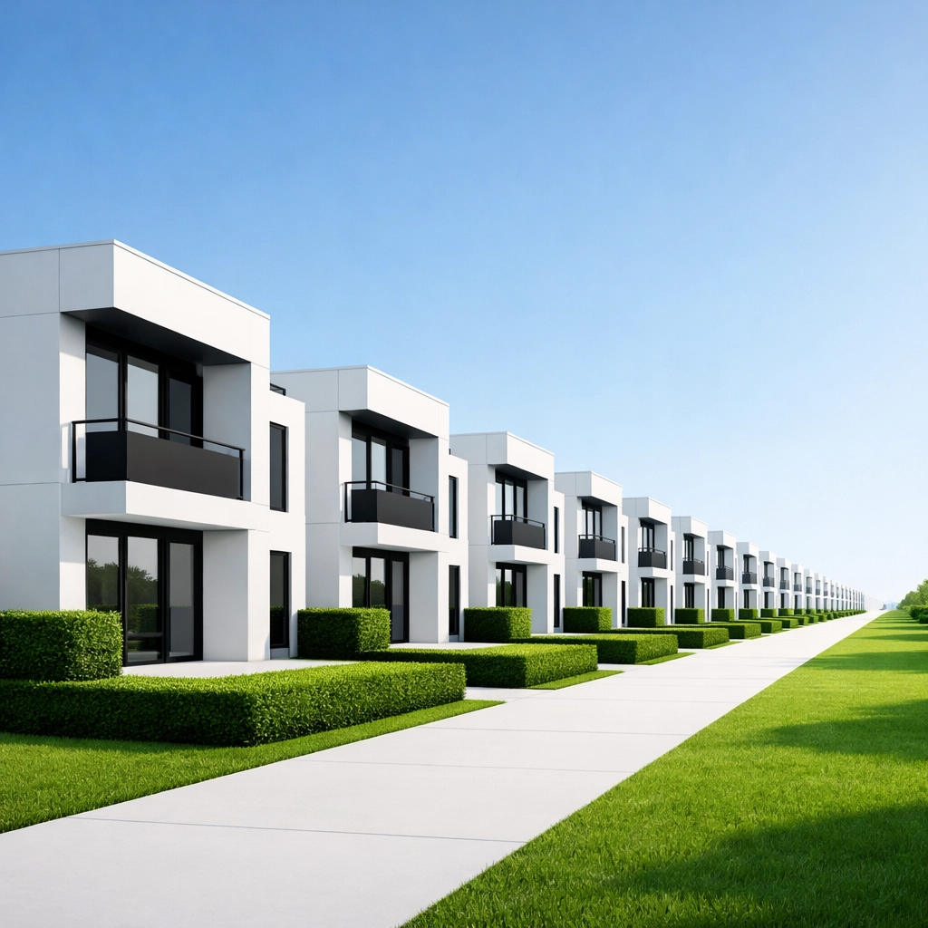 Row of modern white townhouses representing a scaled Texas real estate investment portfolio.