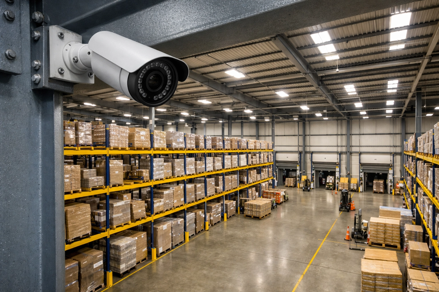 Industrial CCTV camera monitoring a distribution warehouse with tall racking in Newport.