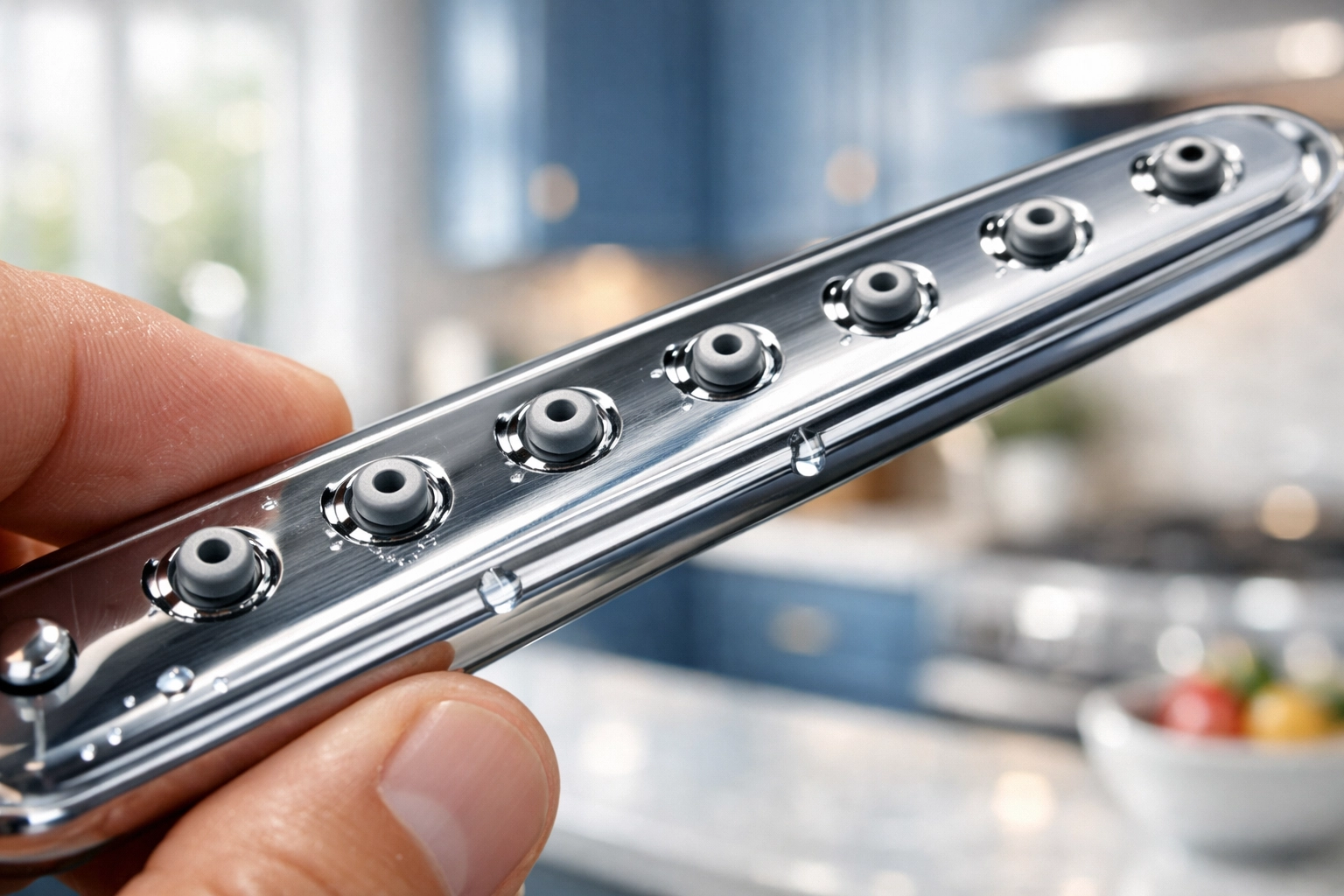 Inspecting a clean dishwasher spray arm to ensure no blockages for optimal dish cleaning.