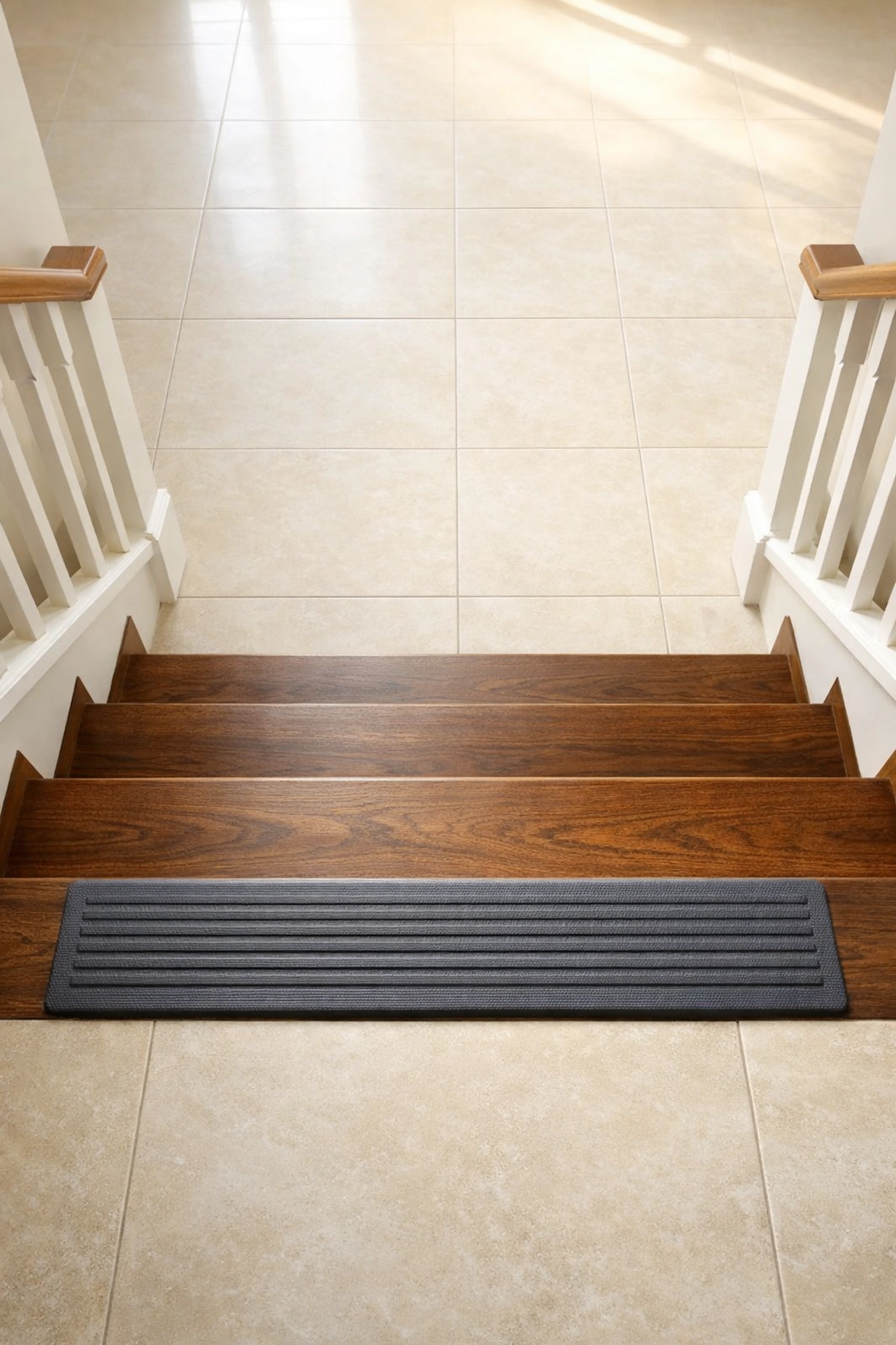 A clearly marked bottom step with contrasting safety treads to prevent falls and identify landings.