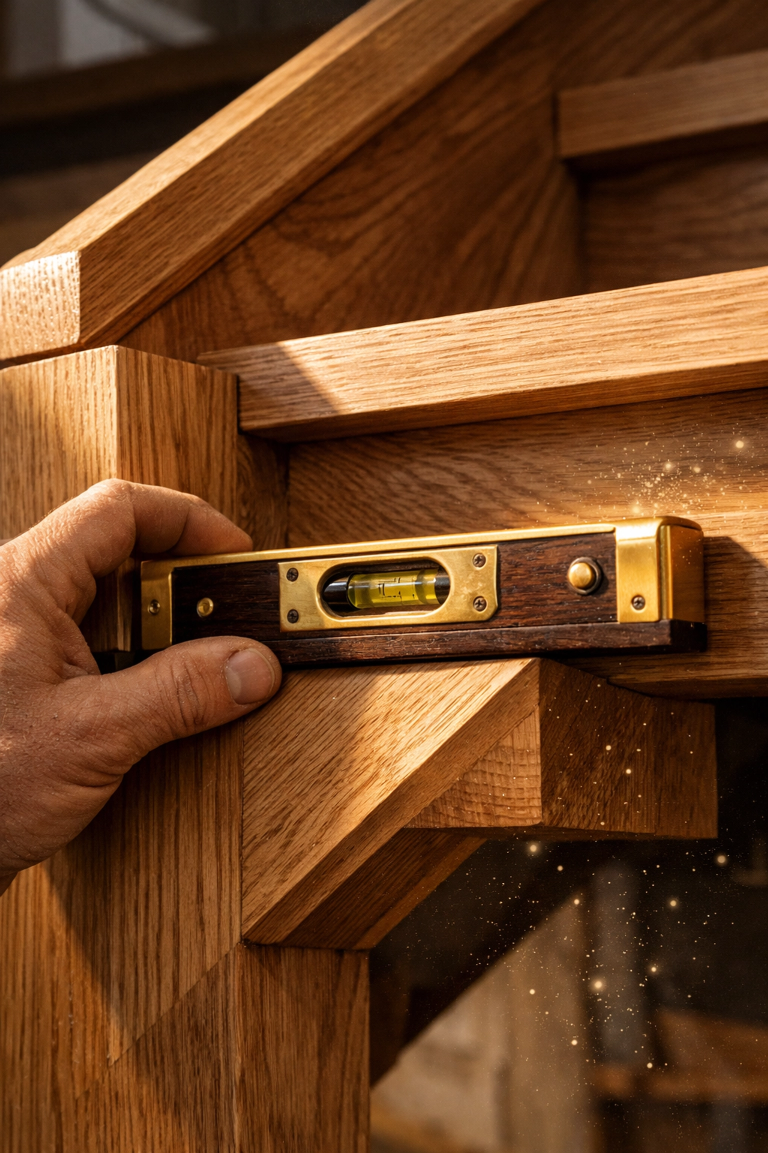 Expert builder checking the structural precision of bespoke joinery during an under-stairs renovation.