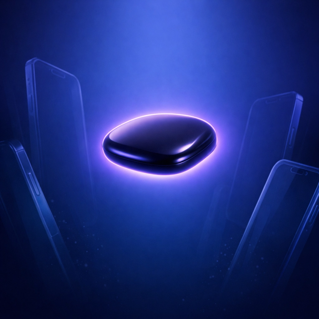 HeyPocket screenless AI tool floating above sinking smartphone anchors, reducing cognitive friction for executive dysfunction.