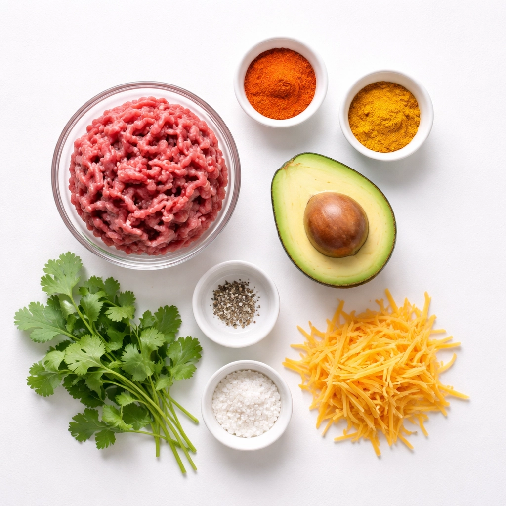Flat lay of raw keto taco bowl ingredients including ground beef, avocado, cheddar cheese, and spices