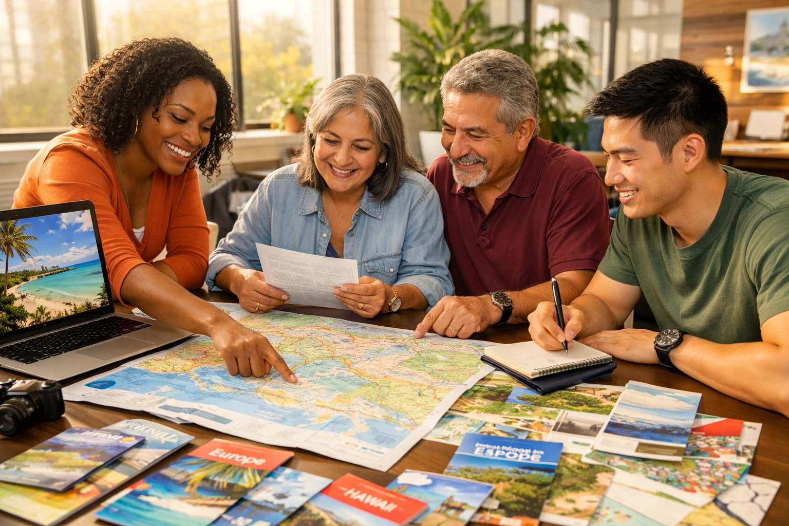Diverse group trip planners collaborating over travel maps and destination brochures