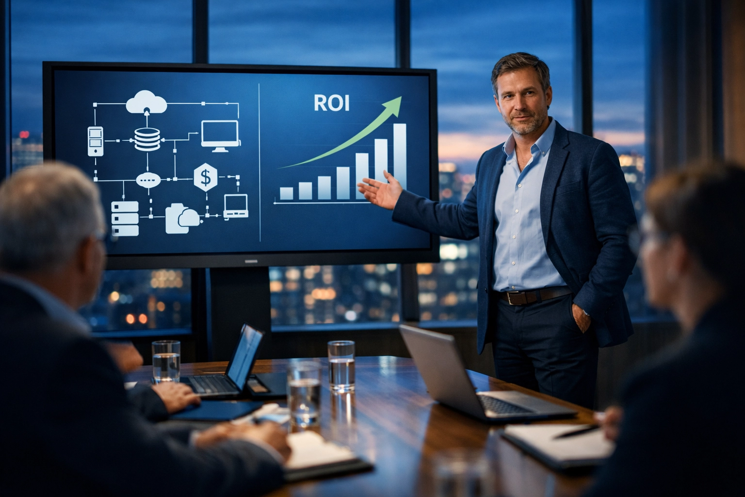 IT director presenting network consolidation ROI to business executives