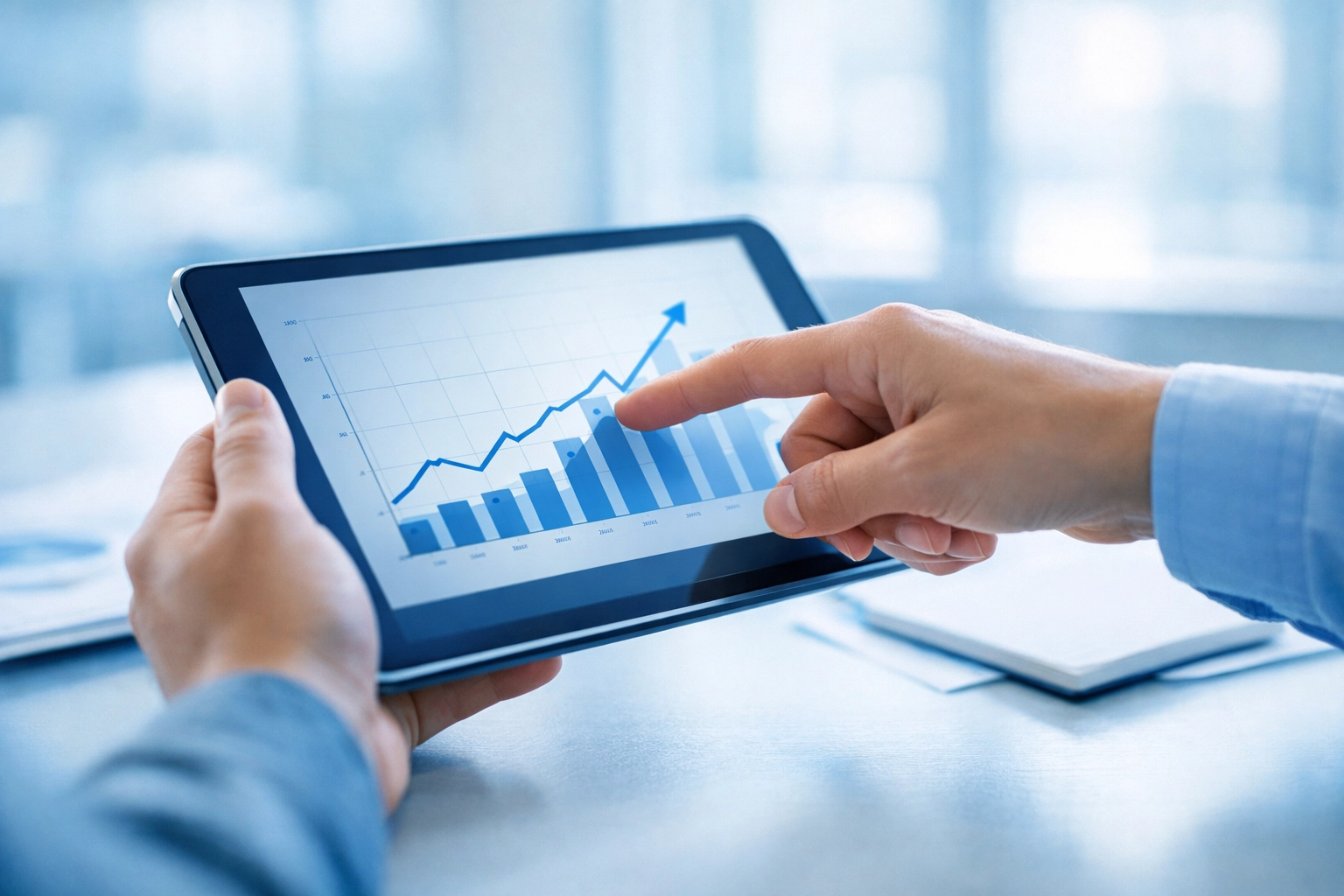 Business owner and bookkeeping expert reviewing financial trends on a tablet in Austin MN.