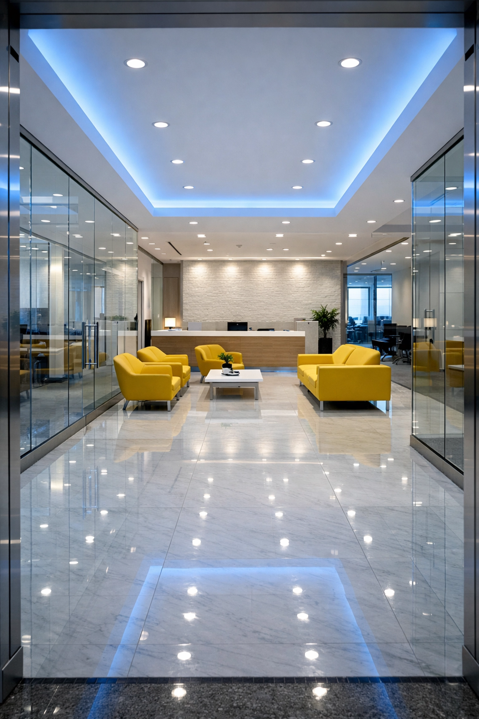 Spotless corporate office lobby in Burlington, MA, showcasing high-standard professional commercial cleaning.
