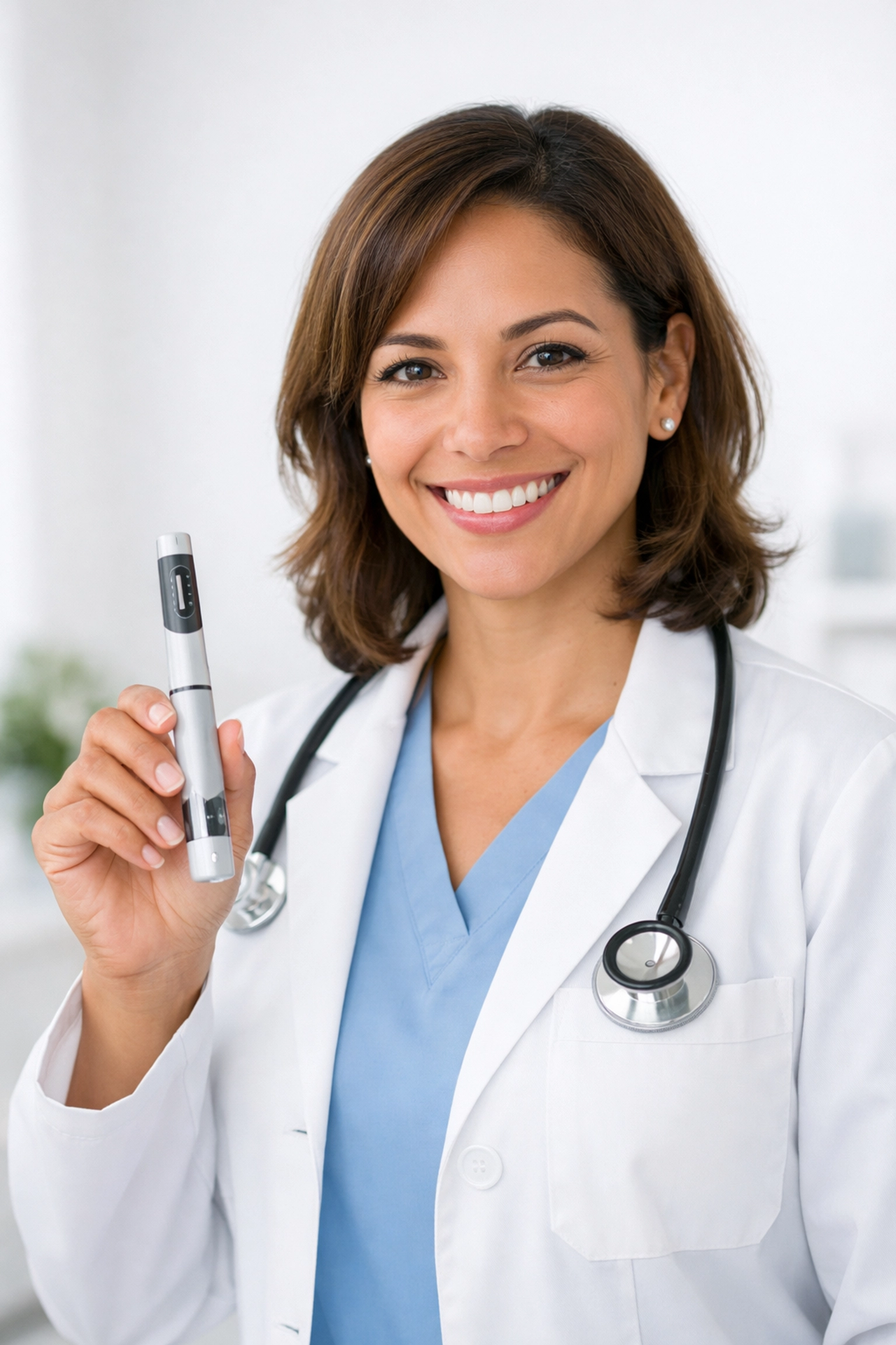 Female healthcare provider holding a medical weight loss injection pen in a bright office.