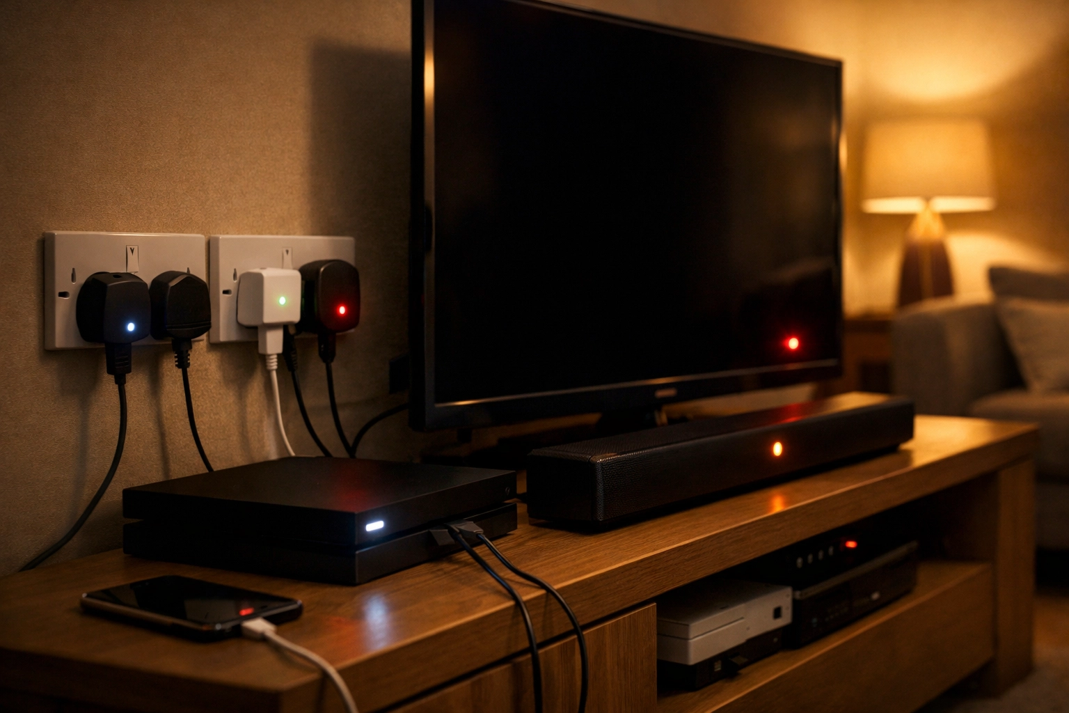 TV and devices on standby with red lights wasting electricity in UK home