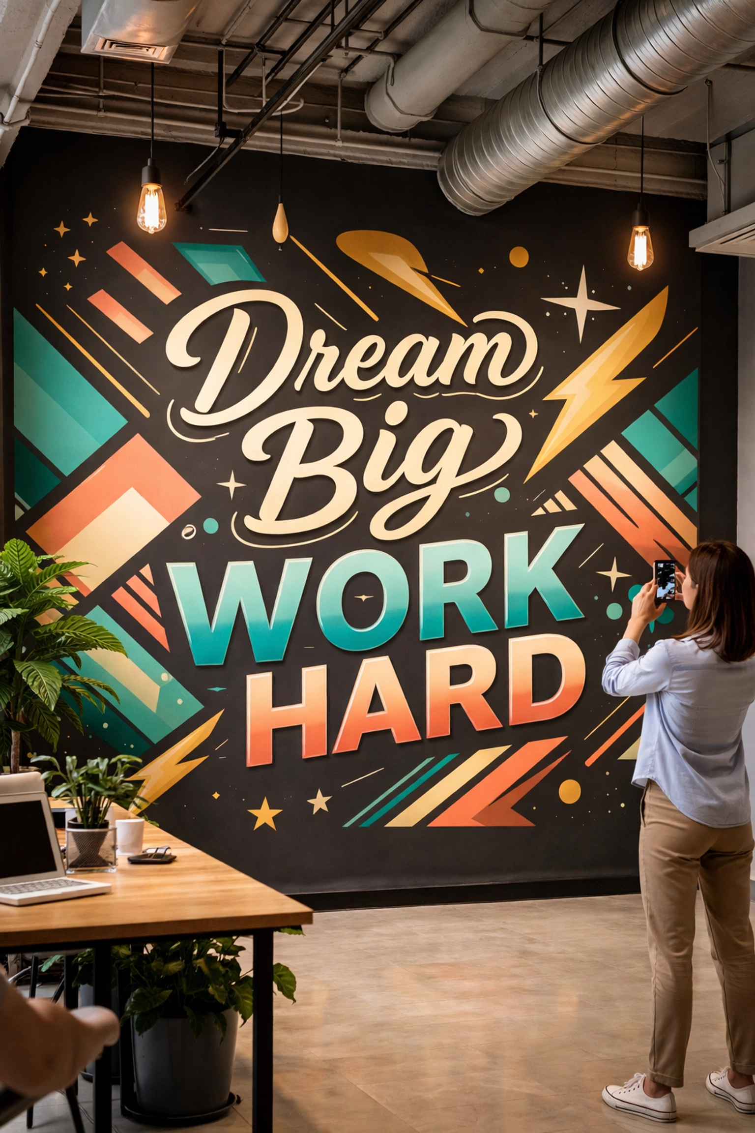 Office feature wall with bold inspirational mural and dimensional lettering for brand impact