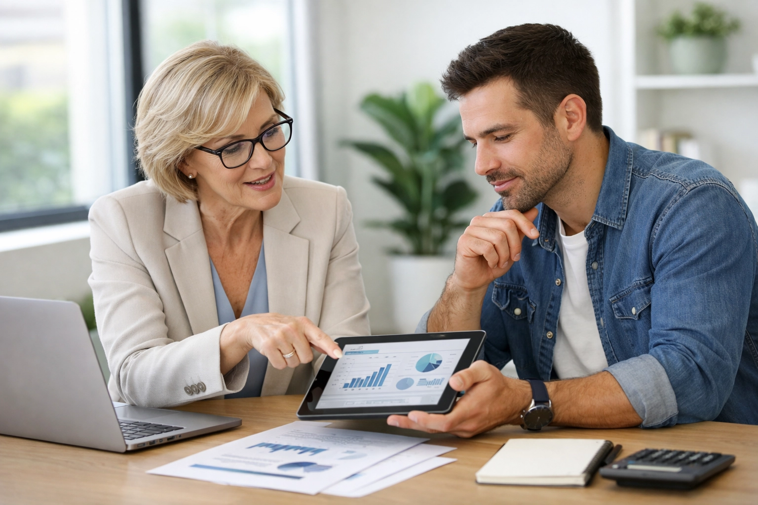 Financial expert and business owner discussing multi-entity accounting and tax compliance services.