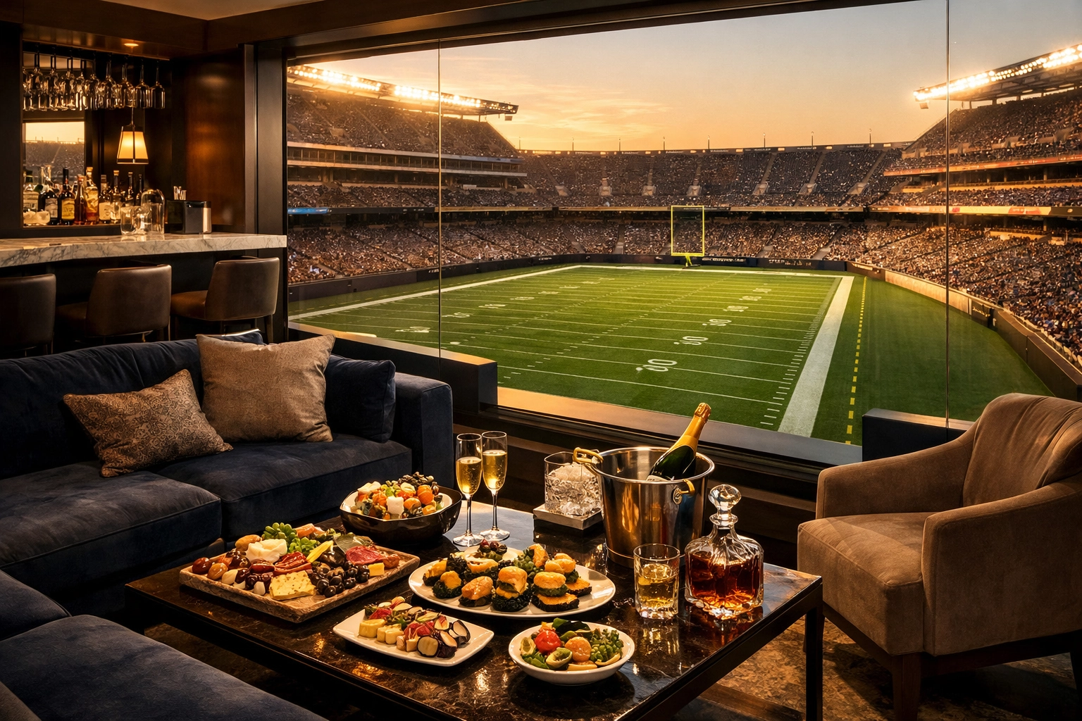 Luxury VIP stadium suite with a view of the football field for high-end corporate hospitality.