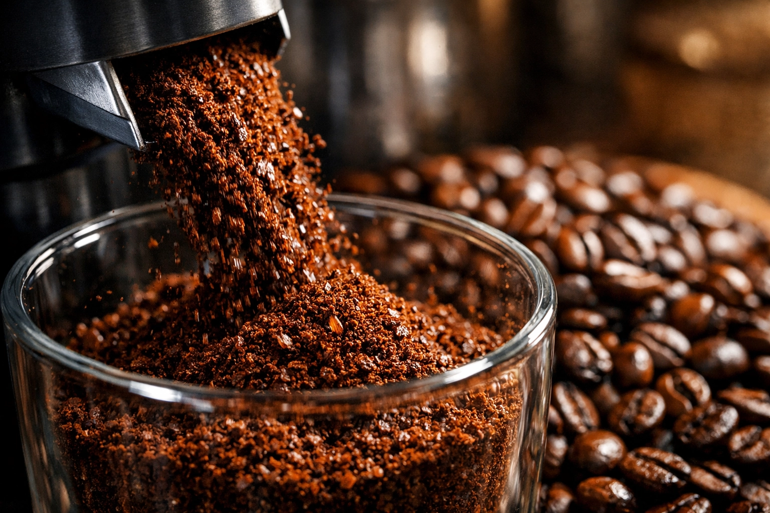 Freshly ground coffee beans being poured from burr grinder into glass container
