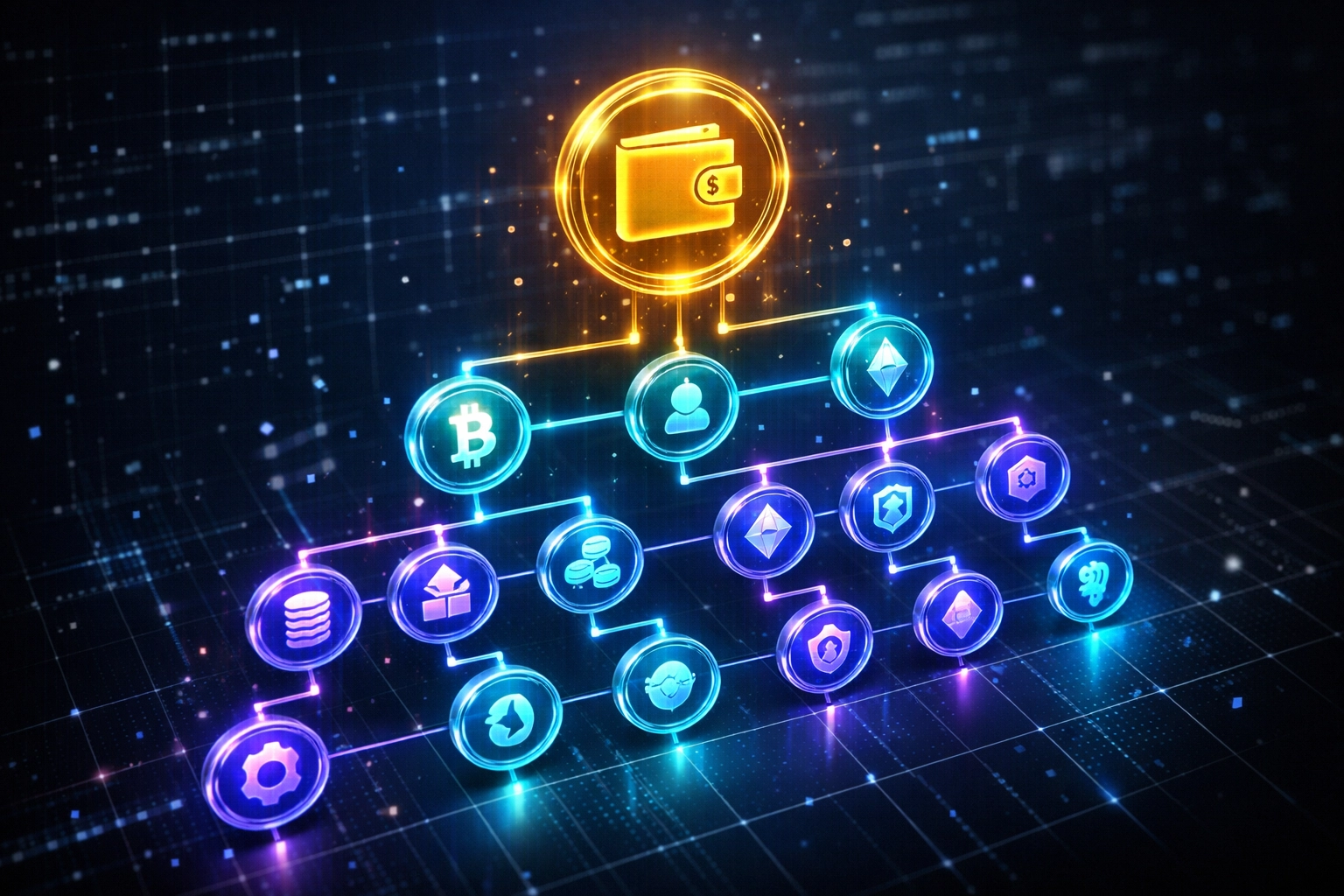 Master wallet hierarchy with sub-wallets shown as interconnected nodes in Larecoin enterprise system