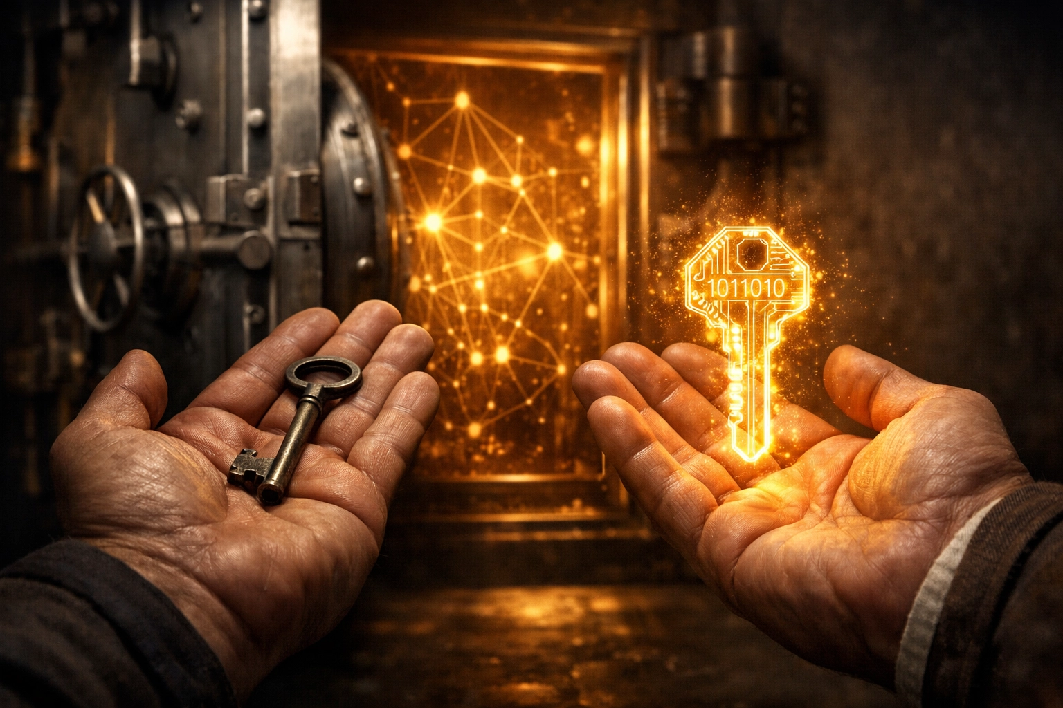 Merchant holding physical and digital private keys representing self-custody control