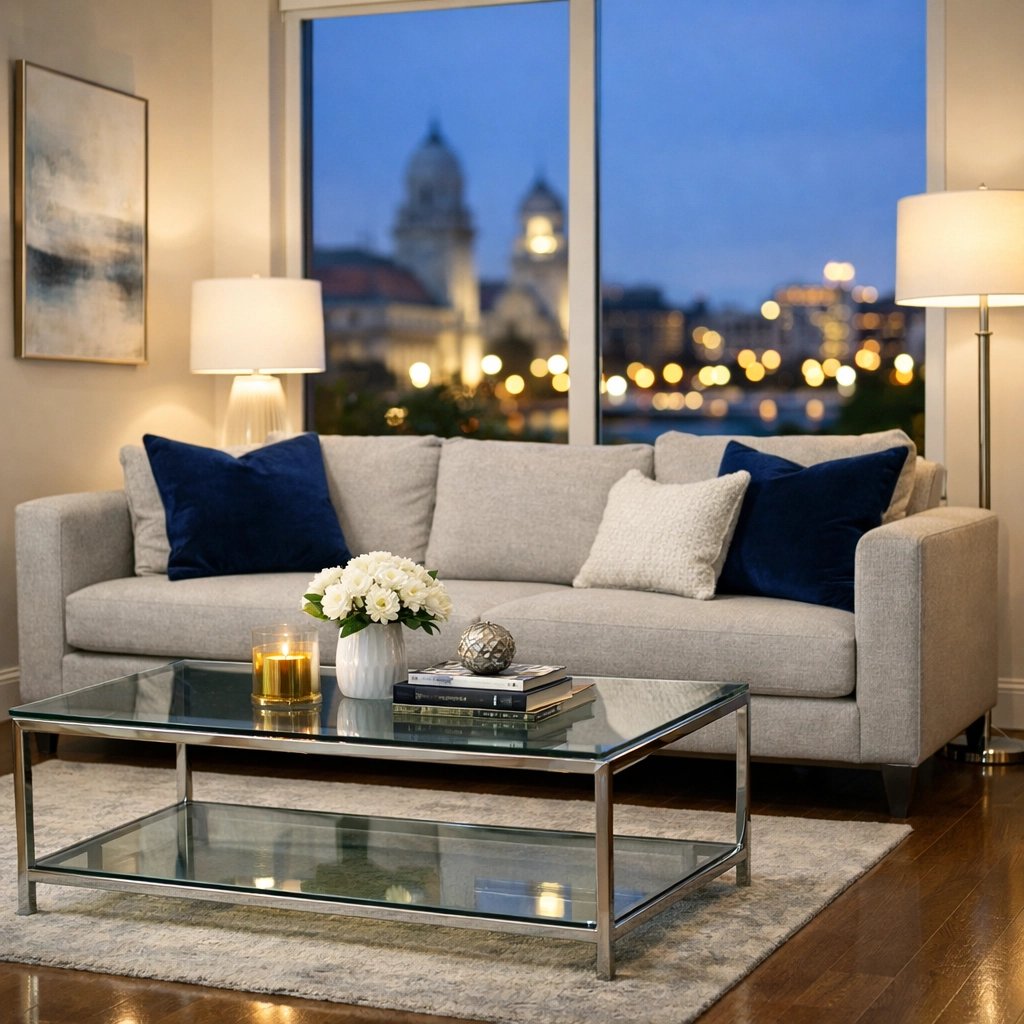 Luxury Worcester apartment living room with sparkling floors following a professional move-out cleaning.