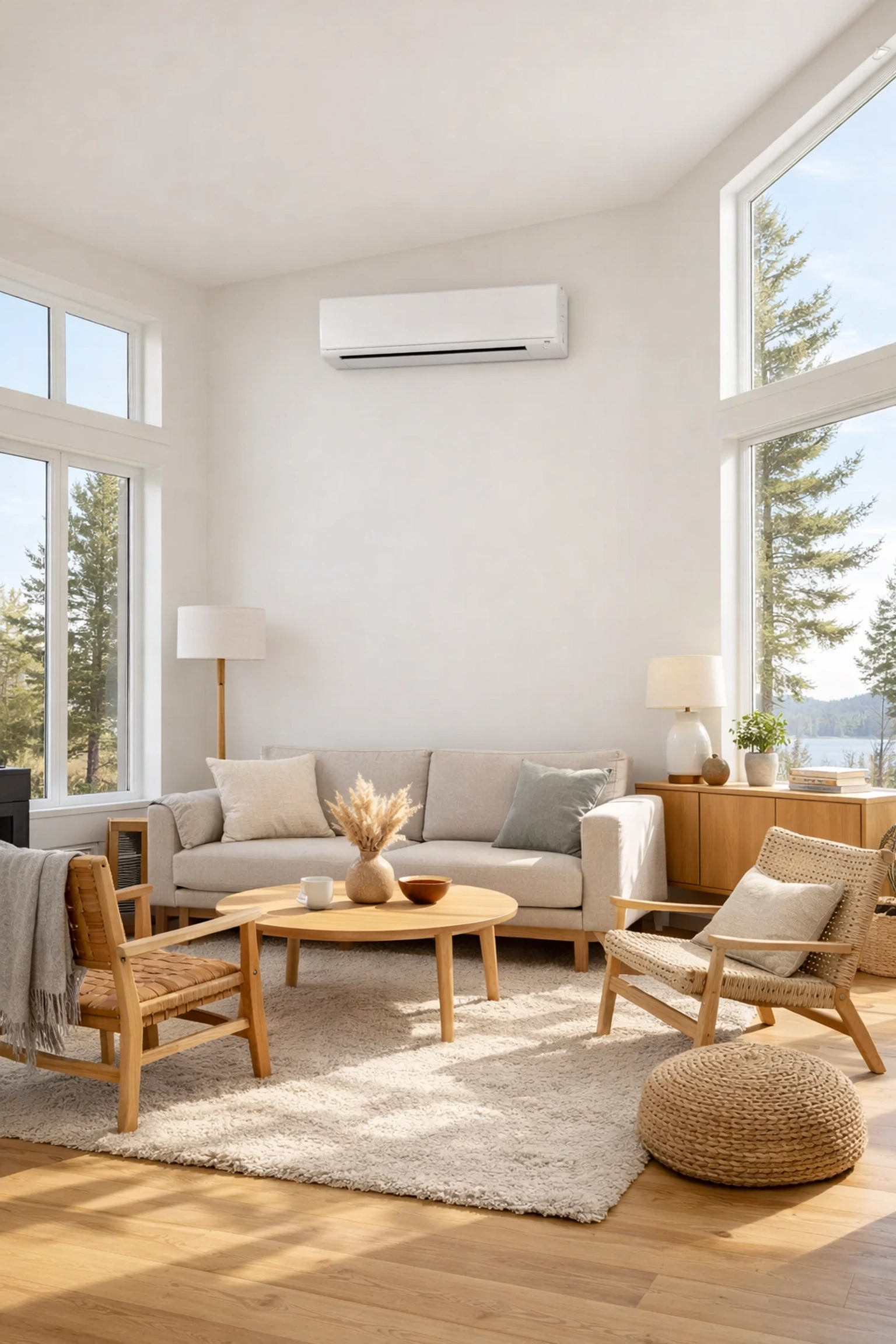 Sleek indoor mini-split unit providing energy-efficient heating and cooling in a bright Maine living room.
