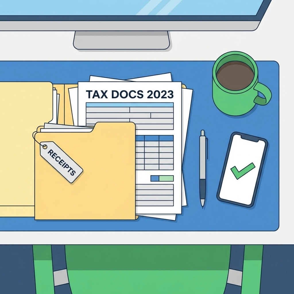 Organized workspace with tax documents and smartphone, symbolizing tax preparation and planning for New Haven homeowners