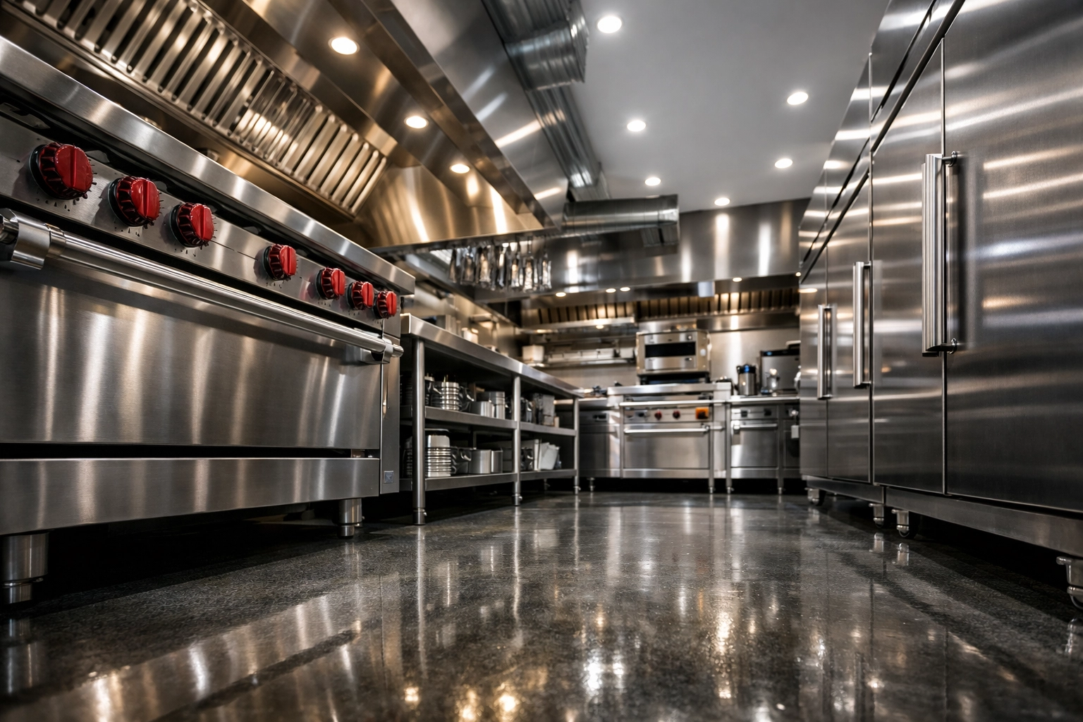 Modern Florida restaurant kitchen with stainless steel equipment vulnerable to flood damage.
