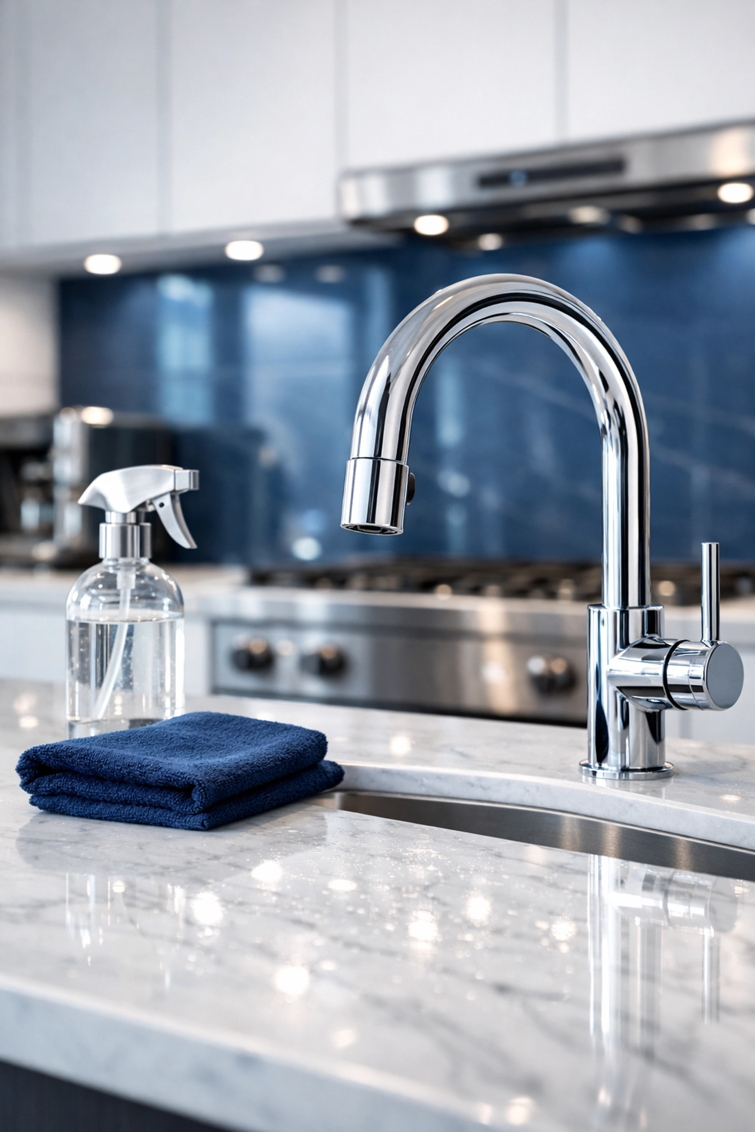 Modern Newton kitchen featuring polished marble surfaces after applying spring cleaning hacks for Massachusetts.