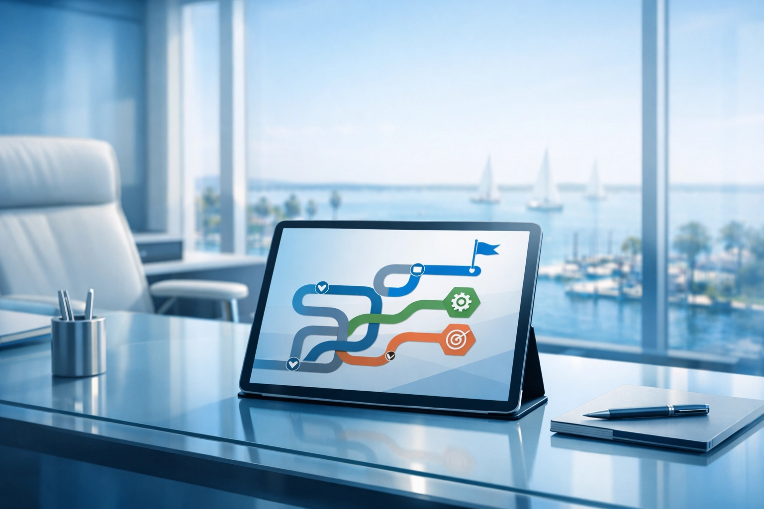 A strategic business exit roadmap displayed on a tablet in a Gulf Coast executive office.
