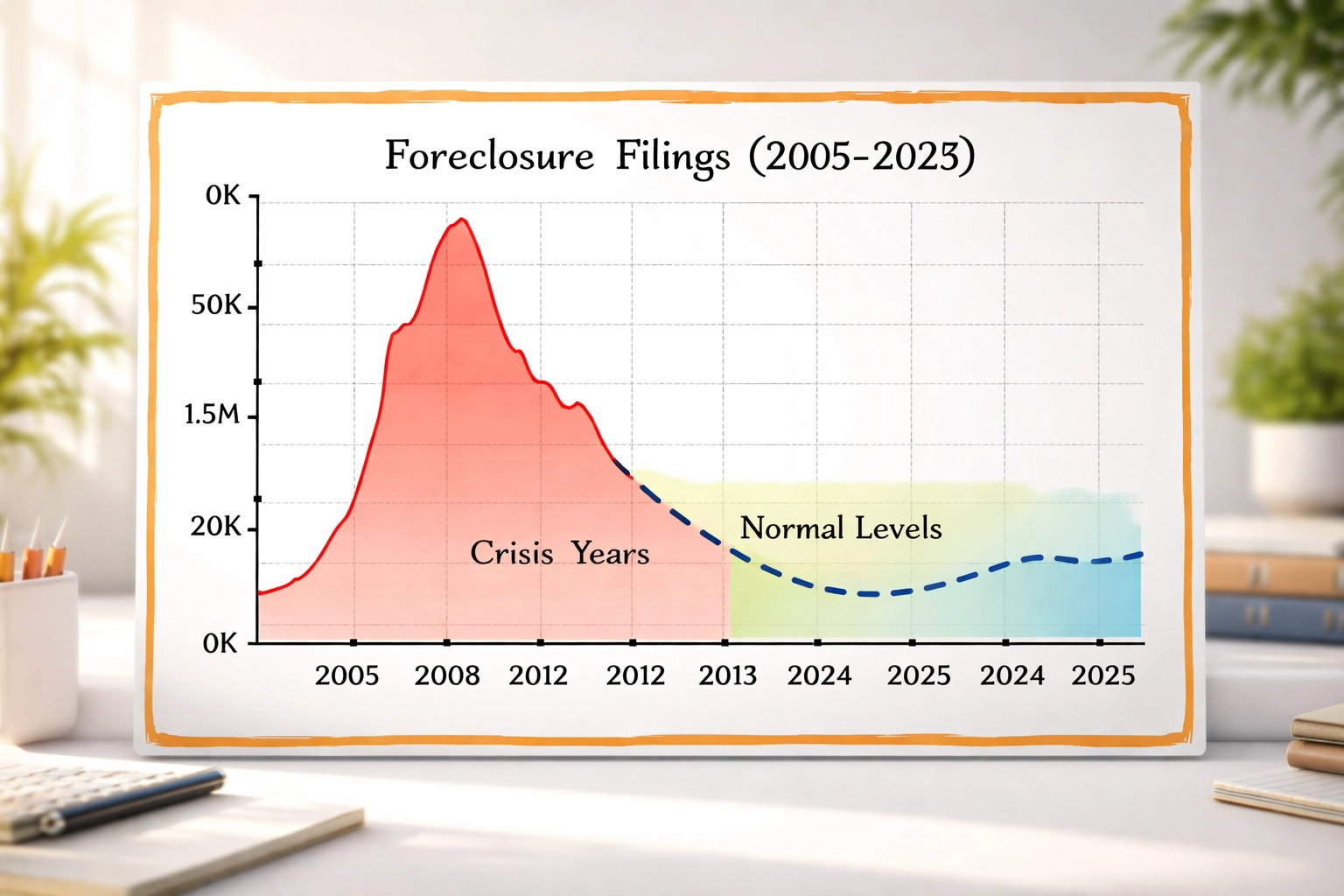 Line graph depicting foreclosure filing trends from 2005 to 2025, highlighting crisis peaks, normal baseline years, and current stable rates.