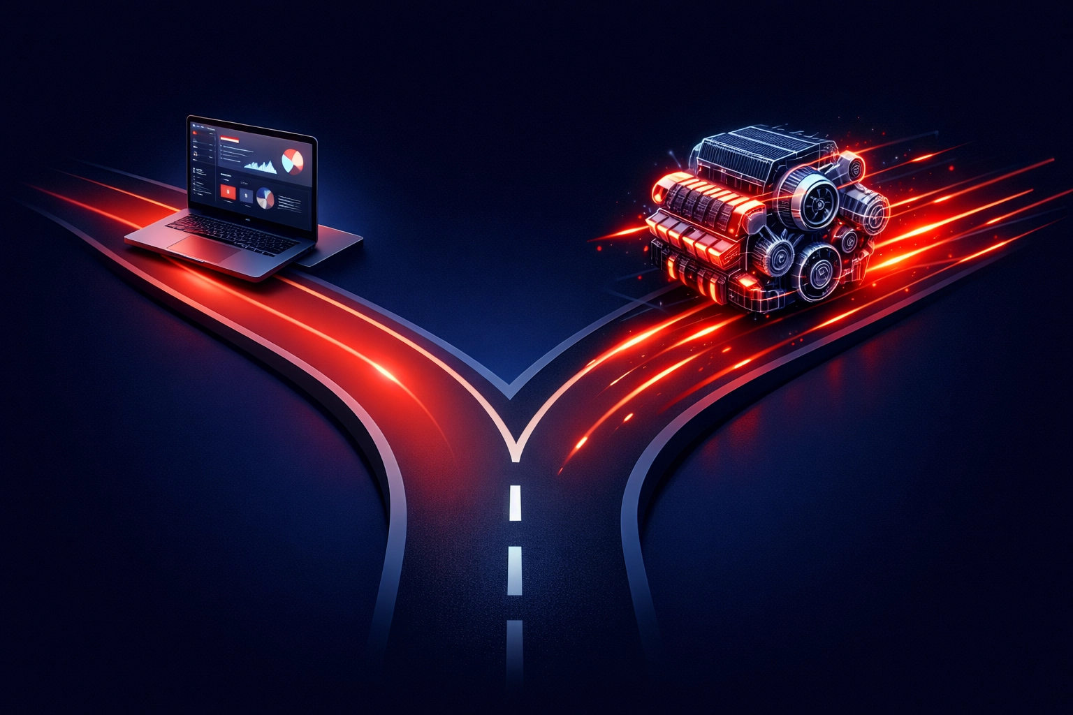 A digital fork in the road representing the choice between visual redesign and technical website rebuild.