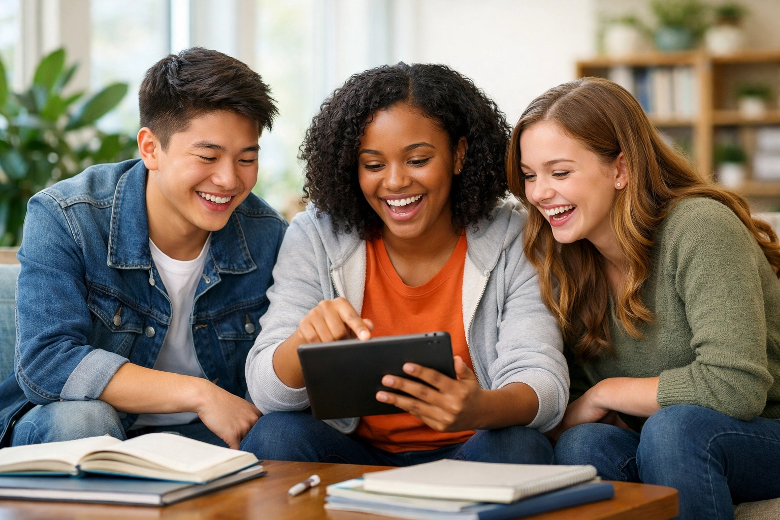 Diverse high school students successfully collaborating on a study plan in a modern learning environment.