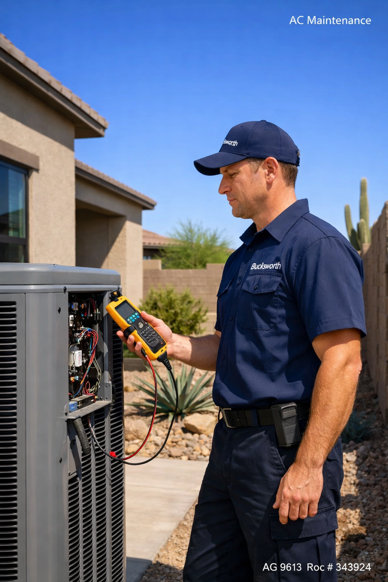 HVAC technician using a multimeter to inspect an AC electrical panel in an Eastmark Mesa home side yard.