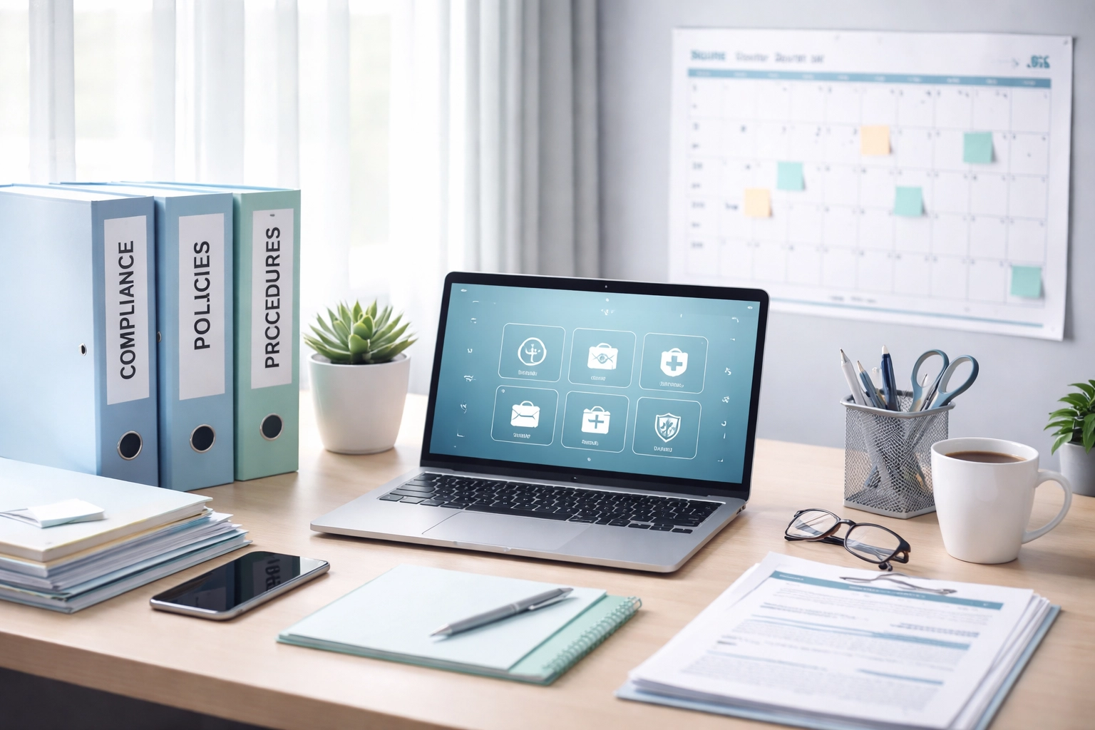 Organized healthcare administrator desk with compliance binders and real-time documentation for AHCA survey readiness