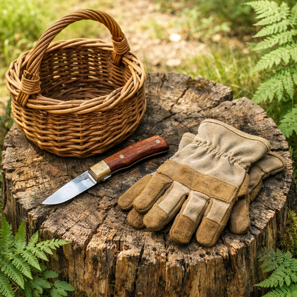 Essential foraging tools like a wicker basket and knife for mastering outdoor survival skills.