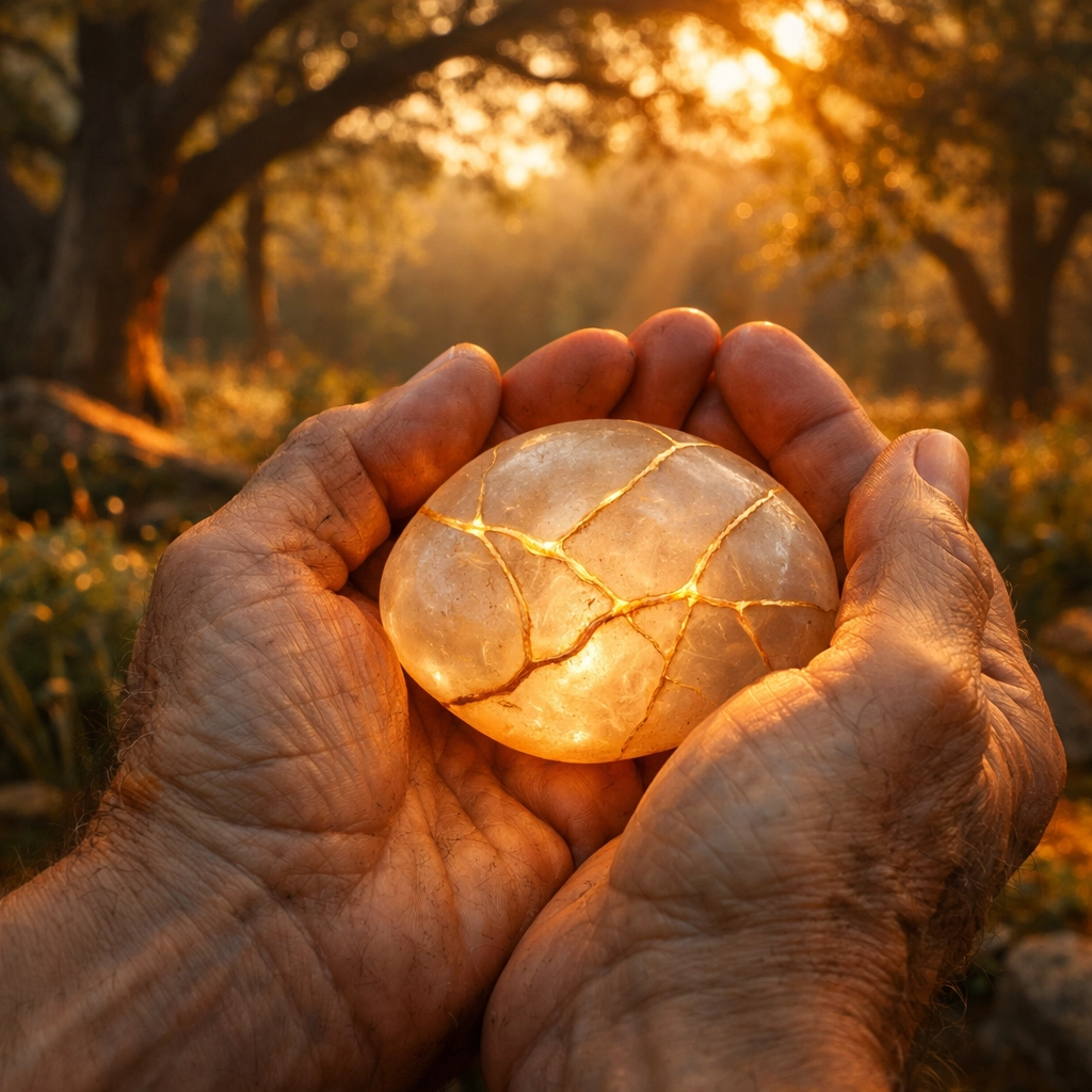 Hands holding a glowing kintsugi stone, symbolizing healing core wounds and finding strength in transformation.