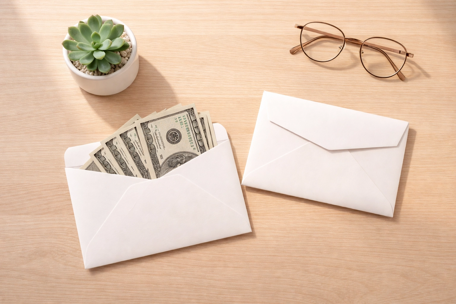 Minimalist flat-lay of envelopes with cash suggests financial security and making smart choices with insurance policies.