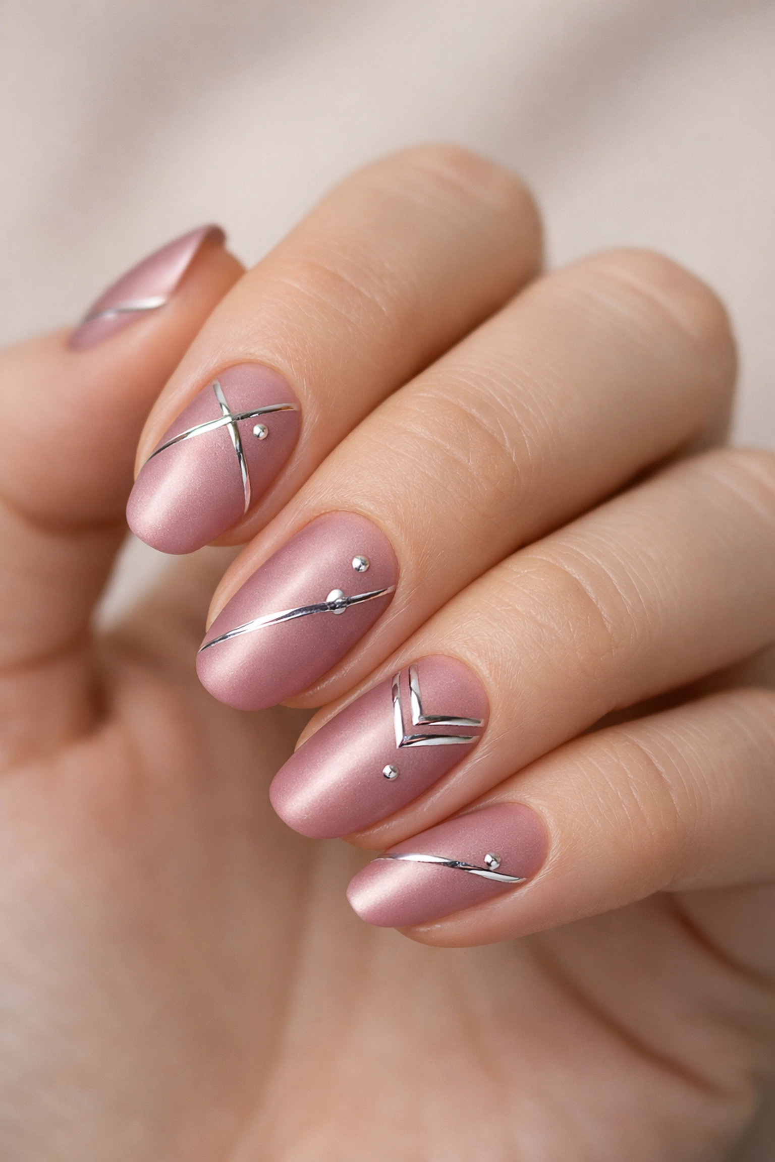 Satin finish gel nails with glossy chrome geometric details and line work
