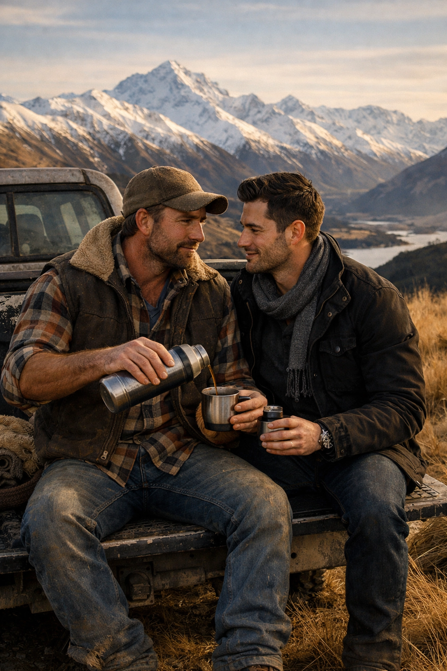 A rugged farmer and city man share a romantic MM romance moment overlooking the Southern Alps.