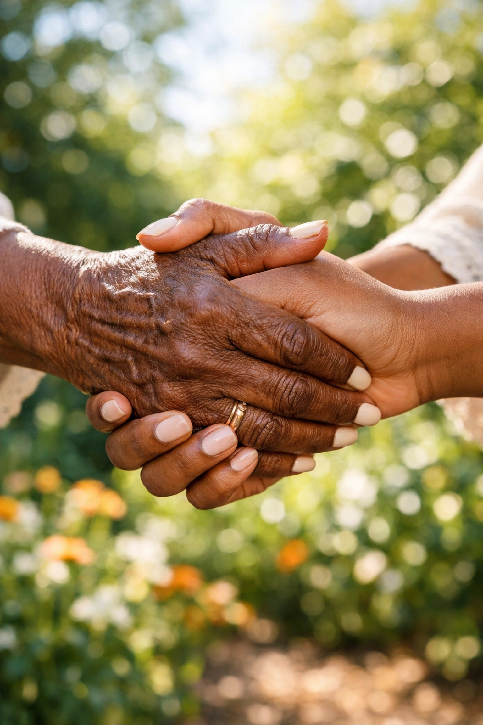 Close-up of two Black women holding hands, symbolizing crisis support and rebuilding with confidence in New Jersey.