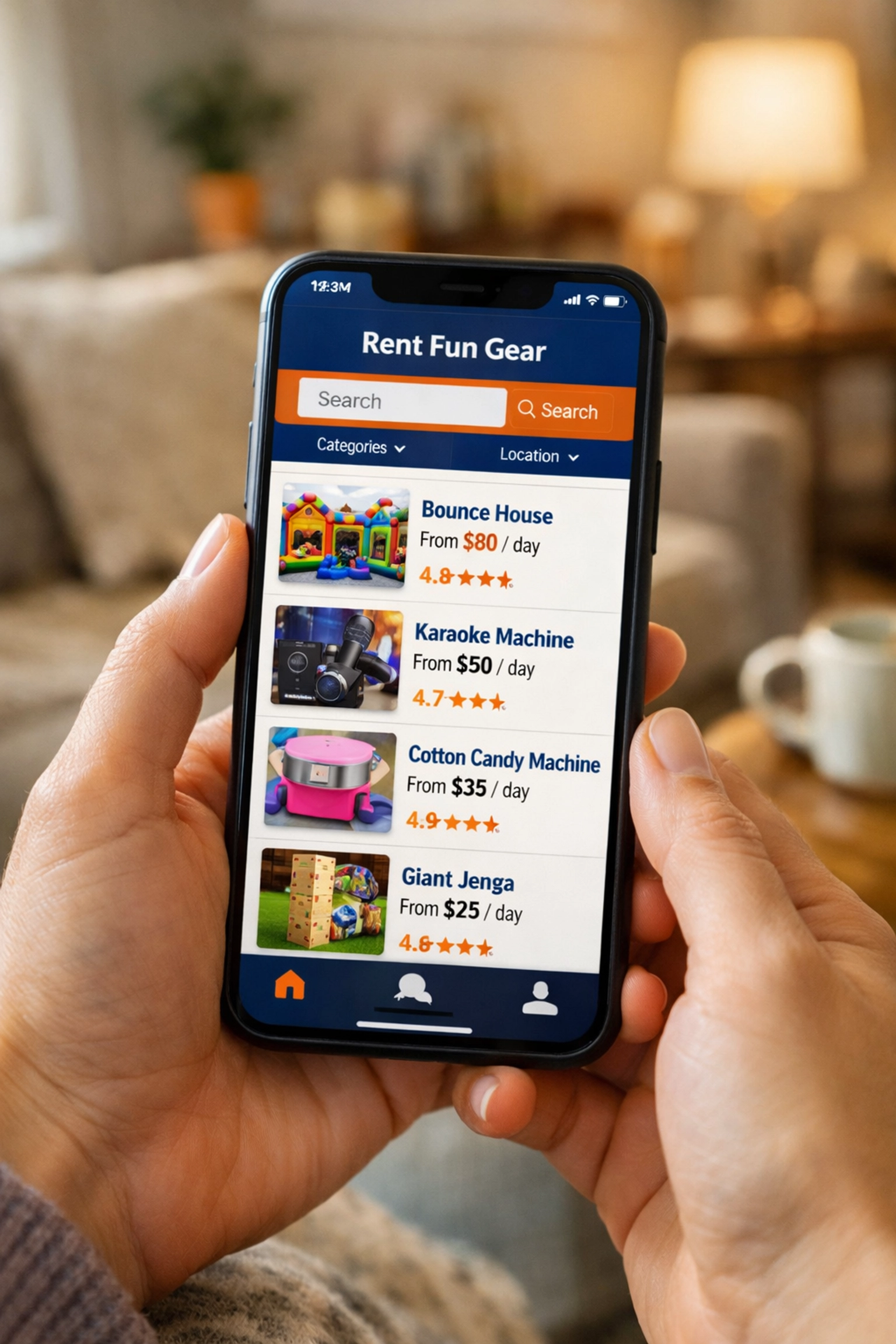 Chartrflex rental app on smartphone showing party equipment and sharing options