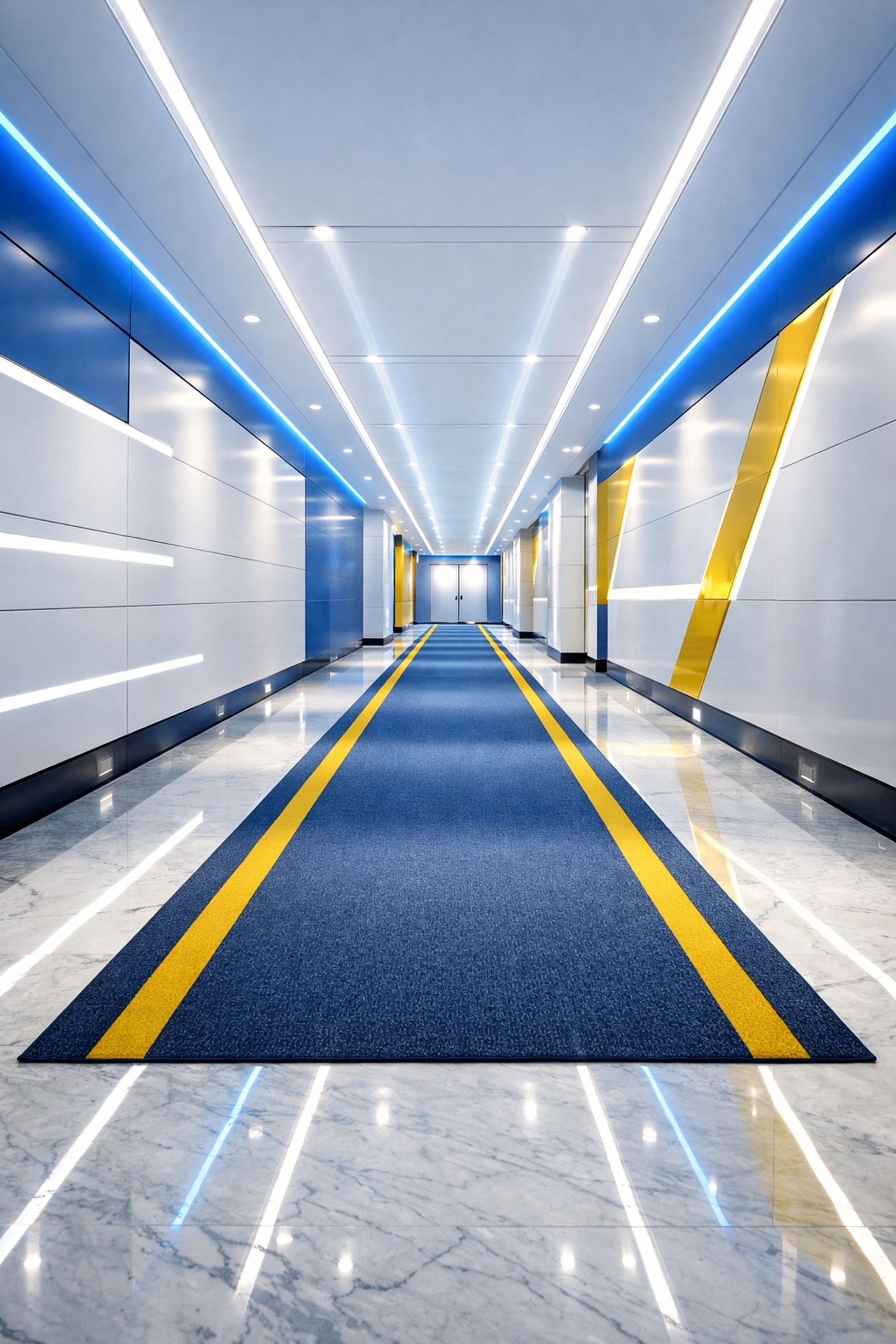 A professionally cleaned commercial hallway in Belmont with spotless floors and modern blue and yellow design.