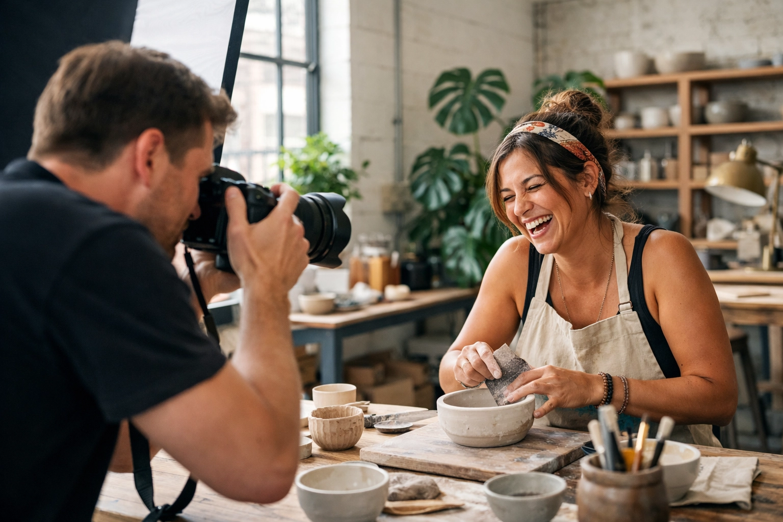 A commercial photographer in Miami capturing a local artisan at work in a bright Wynwood art studio.