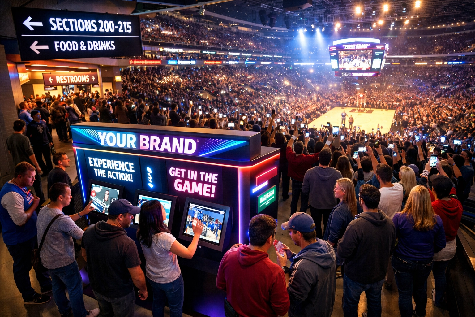 Brand activation booth with interactive displays engaging fans at sports arena during live event