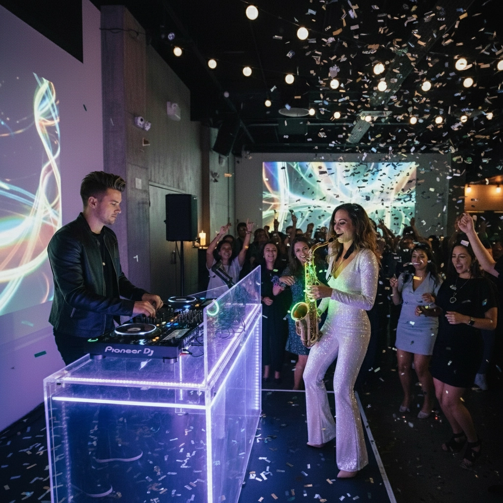 Sax player playing with wedding DJ in Houston, Texas