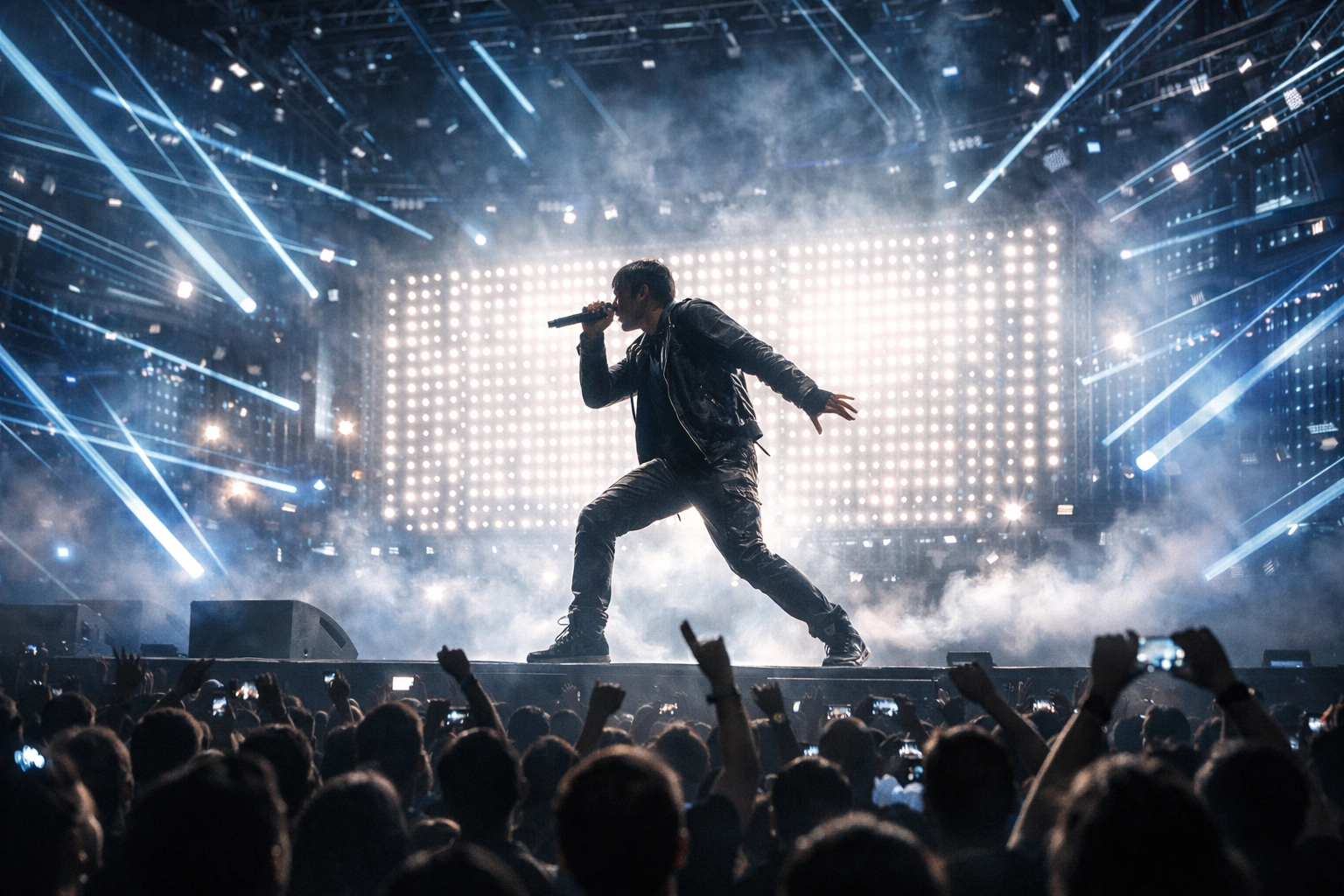 A realistic virtual superstar performing a digital concert on a high-tech stage with holographic lights and a large crowd.