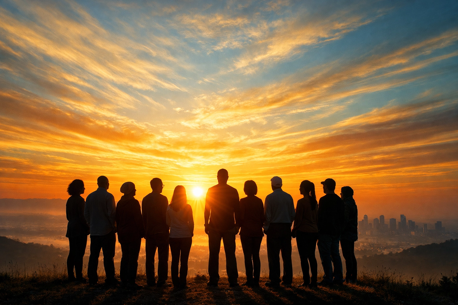 People gathered at sunrise representing a community of hope and prayer amidst global uncertainty.